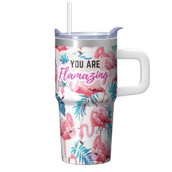 Flamingo Insulated Tumbler with Handle 20OZ Stainless Steel Coffee Mug Travel Cup Leak Proof Double Wall Vacuum Design Perfect Gifts for Women Girls on Birthday Christmas Summer