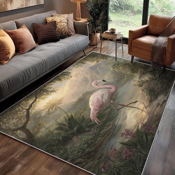 Flamingo Jungle Bird Area Rug, Tropical Design Carpet, Washable Non Slip Soft Low Pile, Living Room Bedroom Kitchen Office Mat 2x3ft