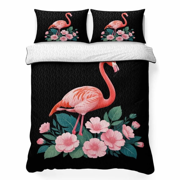 Flamingo King Quilt Bedding Set, Pink Flower Leafs Plants Watercolors Black Lightweight Comforter with 2 Pillow Shams Bedroom Bedspread Set Home Decor for All Seasons