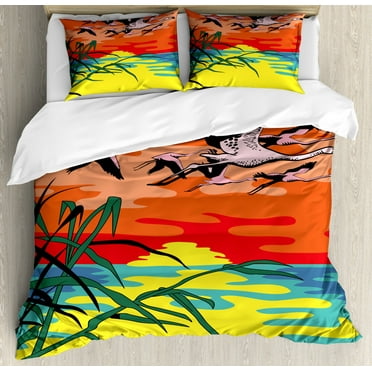 Flamingo King Size Duvet Cover Set, Flamingos Flying in the Air with Horizon Landscape Illustration Savannah Artwork, Decorative 3 Piece Bedding Set with 2 Pillow Shams, Multicolor, by Ambesonne