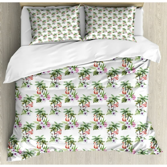 Flamingo King Size Duvet Cover Set, Watercolor Pattern with Exotic Birds Tree Leaves Orchid and Hibiscus Blossoms, Decorative 3 Piece Bedding Set with 2 Pillow Shams, Multicolor, by Ambesonne