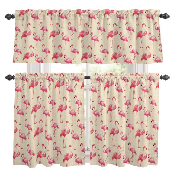Flamingo Kitchen Curtains and Valances Set, Vintage Watercolor Pink Flaming Birds Linen Texture Rod Pocket Window Valance Window Curtain Panels for Living Room Bedroom Laundry, 27.5x24in, 3 Pieces