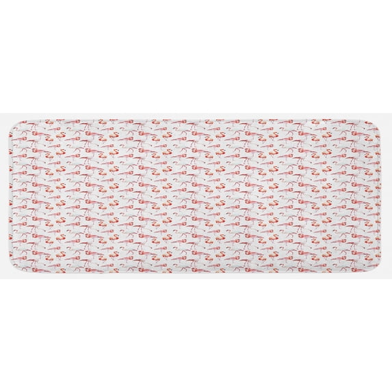 Flamingo Kitchen Mat, Tropical Watercolor Art Style Birds Romantic Hawaiian Island in Springtime, Plush Decorative Kitchen Mat with Non Slip Backing, 47" X 19", Orange Coral White, by Ambesonne