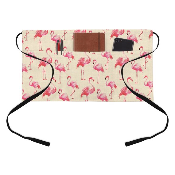 Flamingo Kitchen Restaurant Half Waist Apron, Vintage Watercolor Pink Flaming Birds Linen Texture Server Short Apron with 3 Pockets Waterproof Oil Waist Aprons for Women Waitress Waiter