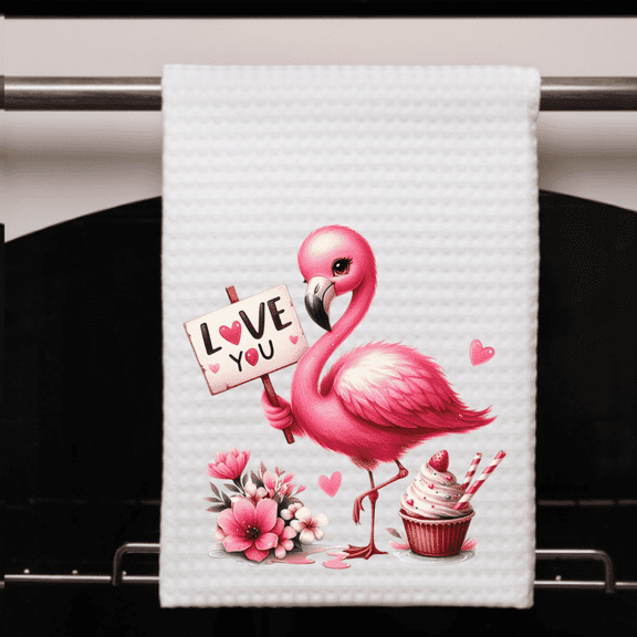 Flamingo Valentine’s Day Kitchen Towel, 1‑Pack, Absorbent Waffle Weave 16x24 – Cute Holiday Decor Dish Drying Cloth