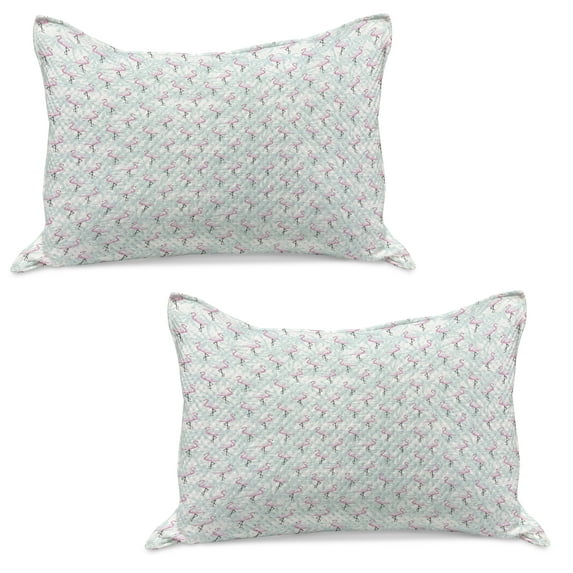 Flamingo Knitted Quilt Pillowcover Set of 2, Pale Color Abstract Coconut Palm Tree Silhouettes Retro Pink Birds, Standard Queen Pillow Sham Bedroom, 30" x 20", Mint Green Pale Pink, by Ambesonne