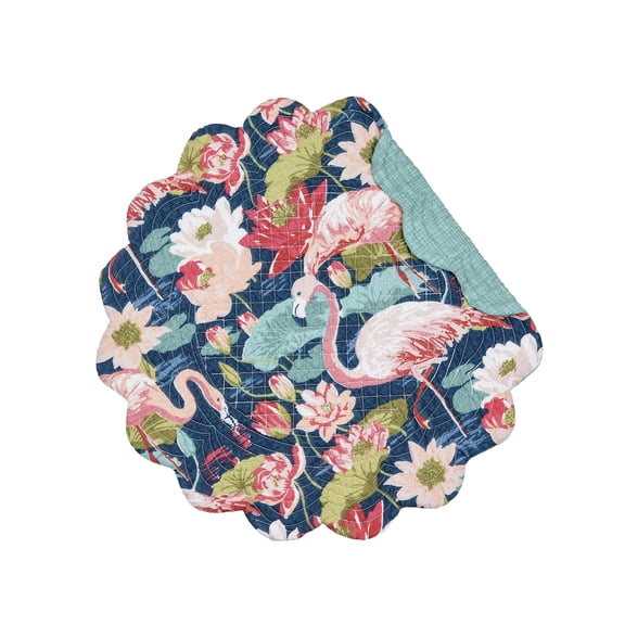 Flamingo Lagoon Pink & Blue Tropical Botanical Hatched Round Single Placemat, 17"