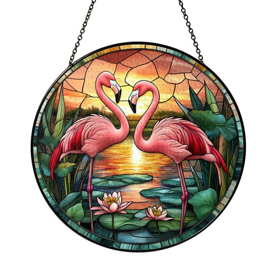 Flamingo Lake Sunset Suncatcher Stained Glass Effect Window Hanging, Tropical Evening Scene Home Decor Gift