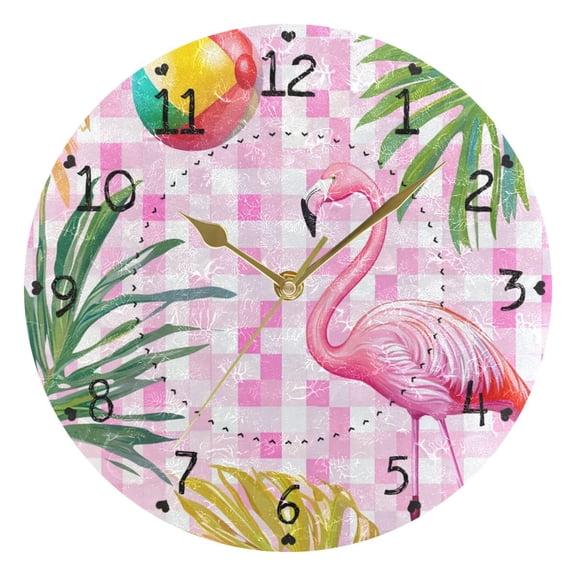 Flamingo Leaves Ball Pink Plaids Round Wall Clock Silent Analog Battery Operated Gold Pointer Home Decor 9.84" Diameter