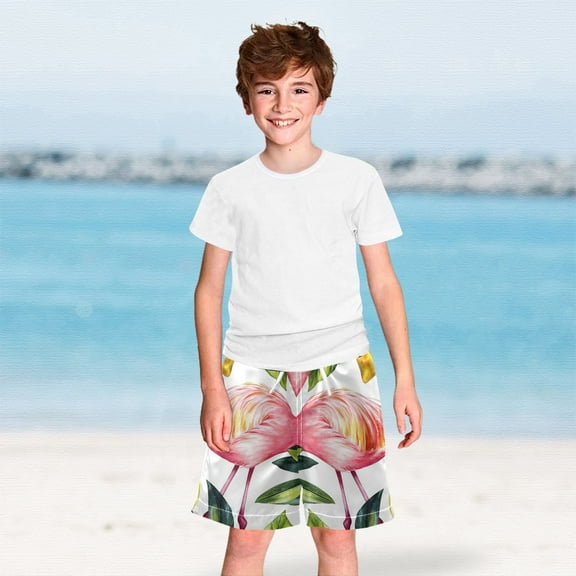 Flamingo Leaves Lemons Boys Swim Trunks Boardshorts Swimsuit Quick Dry Board Shorts Bathing Suit 2-12T