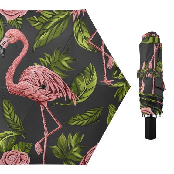 Flamingo Leaves Rose Compact Sun Umbrella Windproof Travel Umbrellas for Rain Strong Portable UV Protection