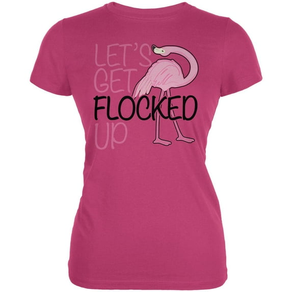 Flamingo Let's get Flocked Up Funny Pun Juniors Soft T Shirt Bright Berry X-LG