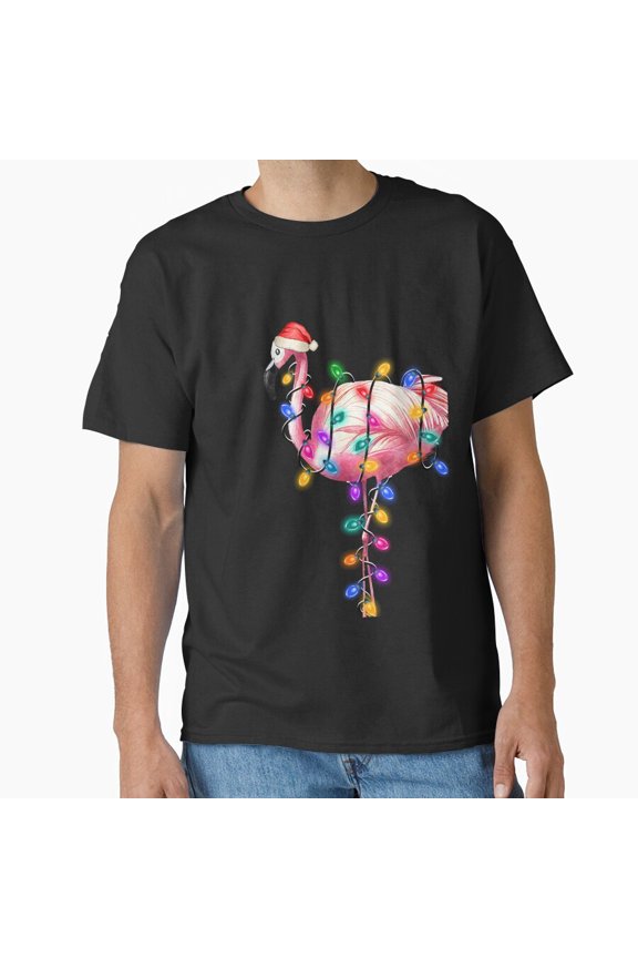 Flamingo Lights Ugly Sweater Christmas Classic Festive Bird Apparel Unisex T-Shirt, up to Size 5XL
