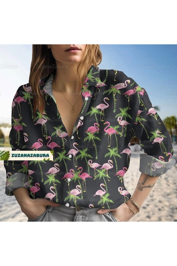 Flamingo Linen-Look Shirt,Cute Flamingo Shirt,Pink Flamingo Shirt,Cute Animal Shirt,Gift For Animal Lover,Gift For Her,Button Down Shirt
