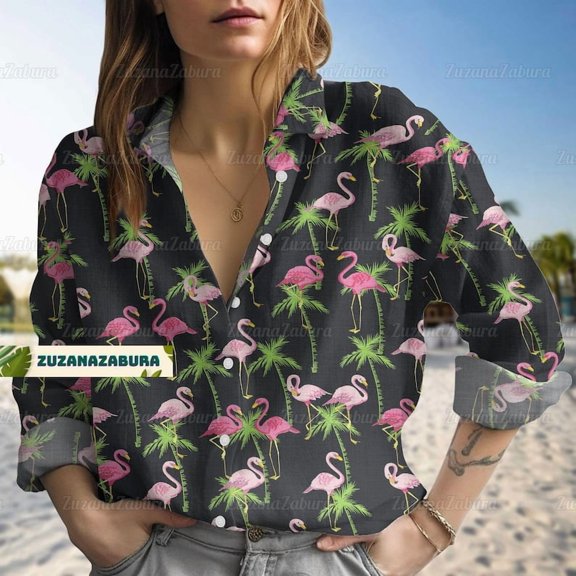 Flamingo Linen-Look Shirt,Cute Flamingo Shirt,Pink Flamingo Shirt,Cute Animal Shirt,Gift For Animal Lover,Gift For Her,Button Down Shirt