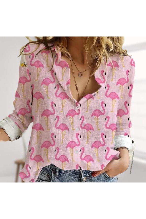 Flamingo Linen-Look Shirt, Pink Birds Women Shirt, Flamingo Love Blouse Tops Women, Animals Button Down Shirt For Vacation, Summer Gifts