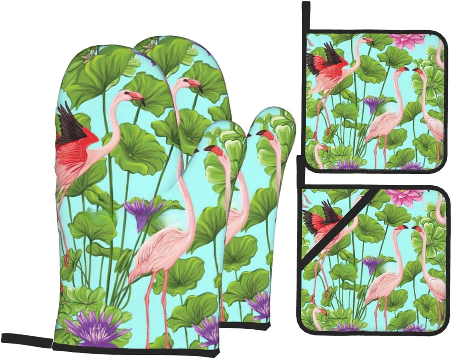 Flamingo Love Flowers Oven Mitts and Pot Holders Sets for Kitchen 4 Pcs 7"X11" Heat Resistant Baking Cooking