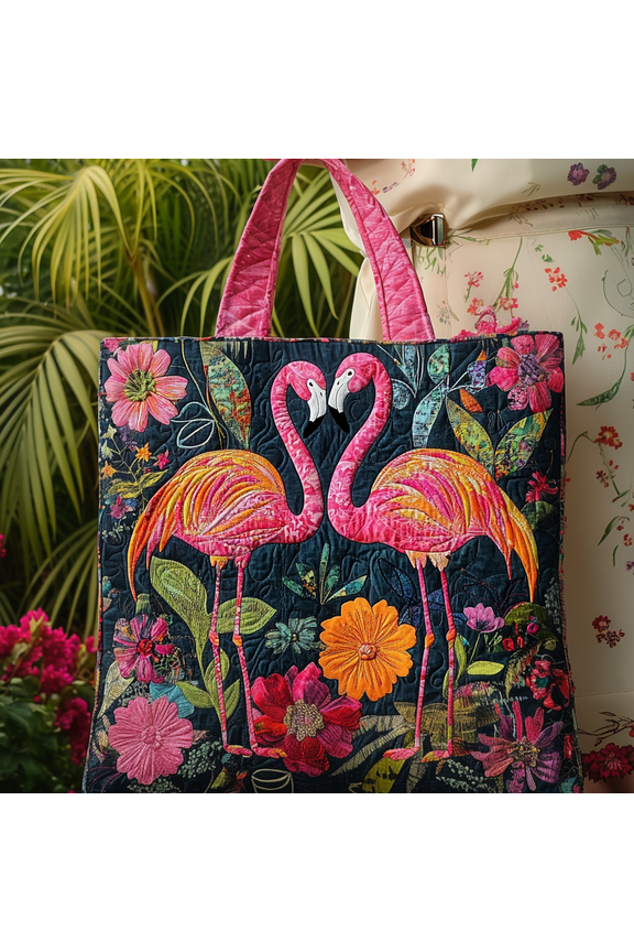 Flamingo Love Garden Quilted Tote Bag, Women Quilted Tote Bag, Handmade Patchwork Tote, Women Shoulder Bag, Gift For Her