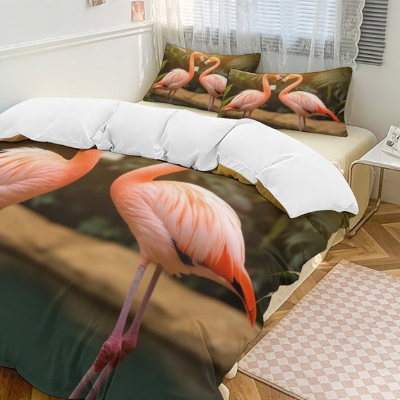 Flamingo Love Heart Print Duvet Cover Set Bedding Set Polyester Quilt Cover for Bedroom Decoration