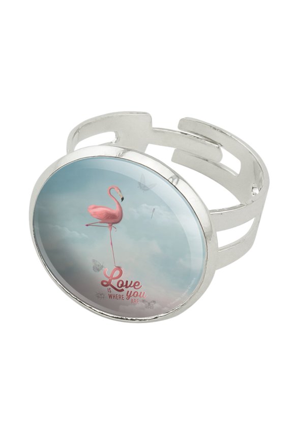 Flamingo Love is Where You Are Silver Plated Adjustable Novelty Ring