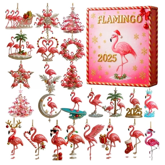 Pink Flamingo New Year Christmas Countdown Advent Calendar, 24-Piece Animal Theme Acrylic Pendant Lucky Blind Box