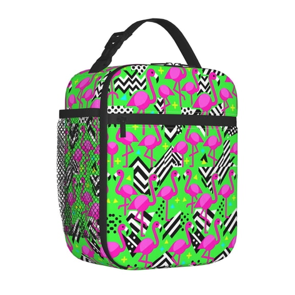 Flamingo Lunch Box Classic Checkerboard Badge Design, Reusable Insulated For Hours, Tote For Sunday Gathering