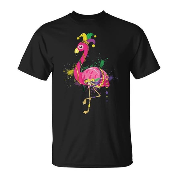 Flamingo Mardi Gras Beads Graphic Cotton Tee Unisex Adult Casual Festival Celebration Comfortable T-Shirt for Everyday Wear, Size L, Color Black