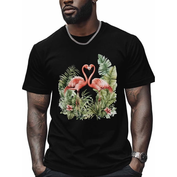 Flamingo Men's T Shirts Palm Leaf T-Shirt for Men Crew Neck Tees Cotton Tops, Black, 3XL