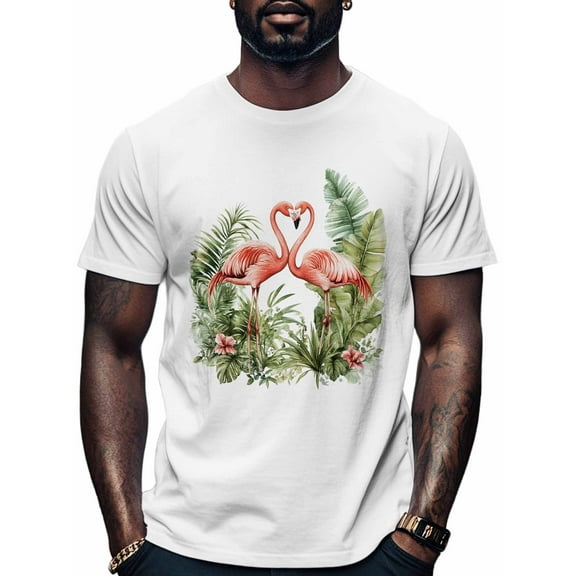 Flamingo Men's T Shirts Palm Leaf T-Shirt for Men Crew Neck Tees Cotton Tops, White, XL