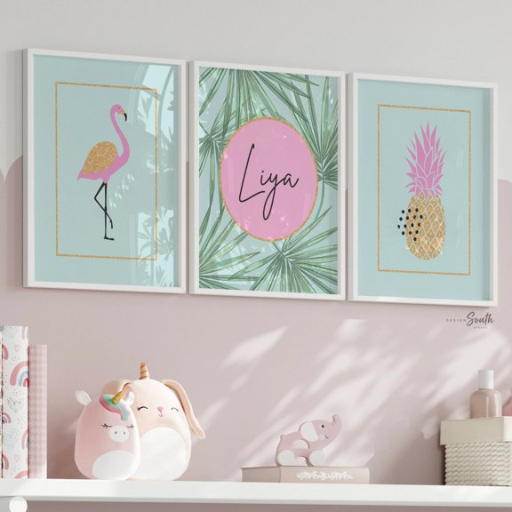 Flamingo Nursery Prints Pink Aqua Tropical Decor Set, Poster Only