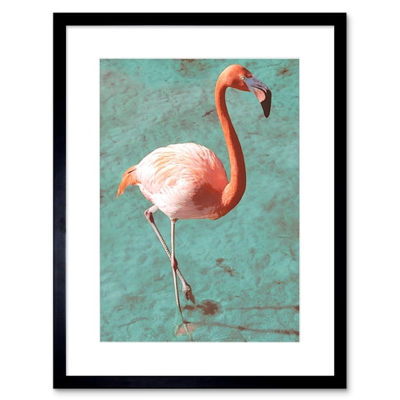 Flamingo On Blue Art Print Black Framed Poster Wall Decor 9x7 inch