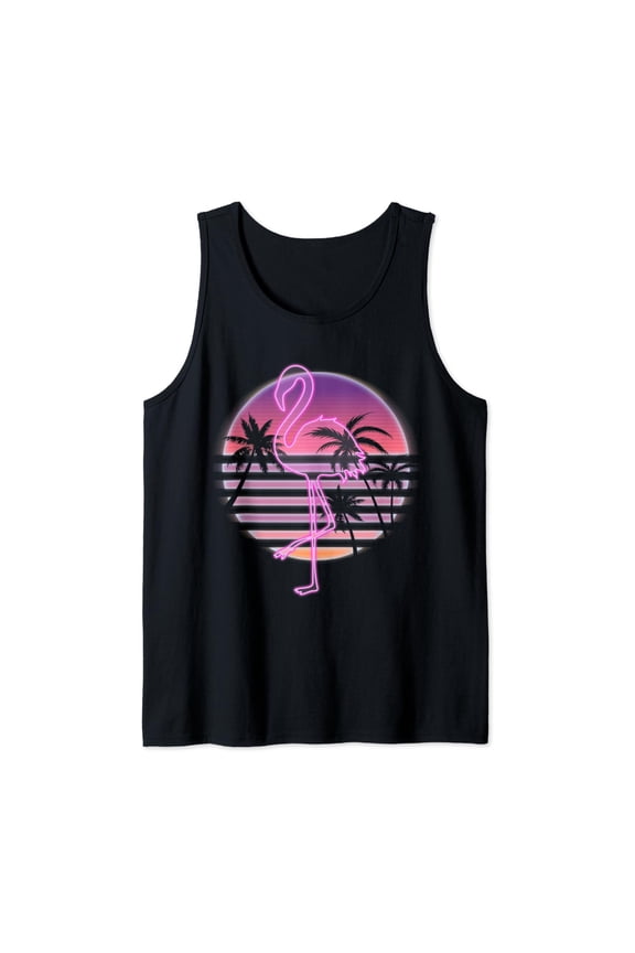 Flamingo On Retro Sunset With Palm Trees - Pink Flamingo Tank Top Size S-3XL