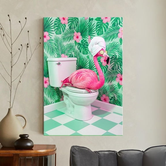 Flamingo On Toilet Tropical Pink Bird Restroom Poster Unframed Paper Print