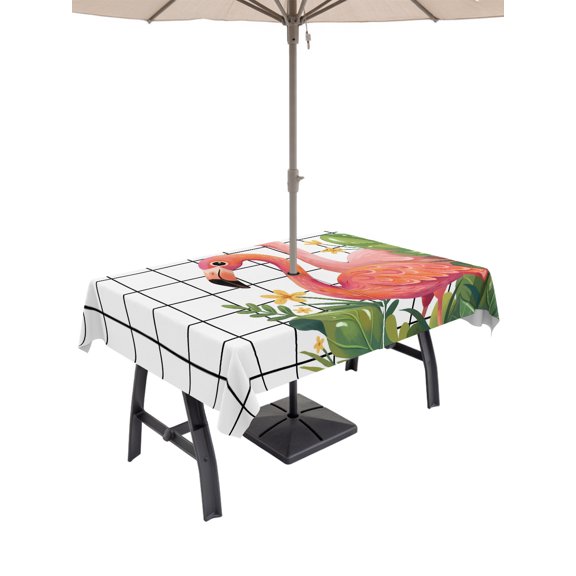 Flamingo Outdoor Rectangle Tablecloth with Umbrella Hole 60"x102", Vintage Pink Birds Tropical Plant Black Plaid Waterproof Zippered Table Cloth Wrinkle Free Wipeable Desk Covers for Patio Party