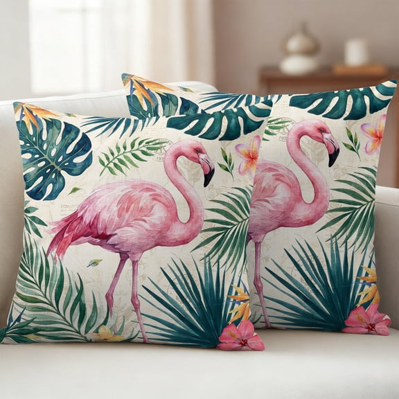 Flamingo Outdoor Waterproof Throw Pillow Covers 16x16 Set of 2, Summer Tropical Palm Leaves Botanical Decorative Pillowcases Cushion Pillowcase for Couch Sofa Patio Outside Pillow Protector