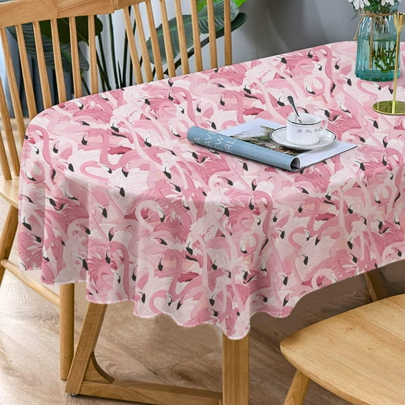 Flamingo Oval Tablecloth,Pink Oval Tablecloth, Pink Flowers Print Table Cloth, Spring Summer Waterproof Wrinkle Free Tablecloth for Oval Tables 60 X 120 Inch