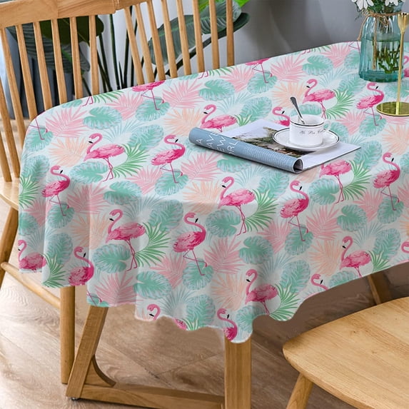 Flamingo Oval Tablecloth, Pink Oval Tablecloth, Pink Flowers Print Table Cloth, Summer Waterproof Wrinkle Free Oval Tablecloth for Oval Tables 60 X 102 Inch