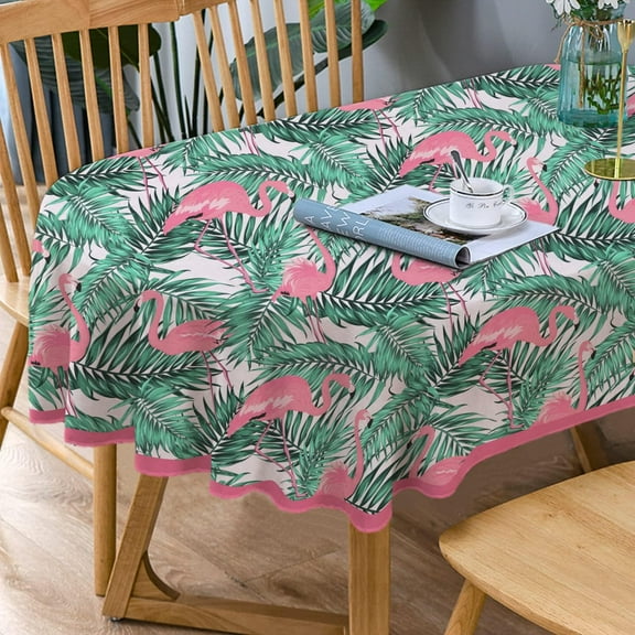 Flamingo Oval Tablecloth,Pink Oval Tablecloth, Pink Flowers Print Table Cloth, Summer Waterproof Wrinkle Free Oval Tablecloth for Oval Tables 60 X 84 Inch