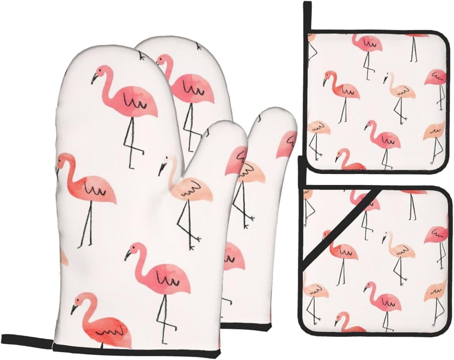 Flamingo. Oven Mitts and Pot Holders Sets for Kitchen 4 Pcs 7"X11" Heat Resistant Baking Cooking