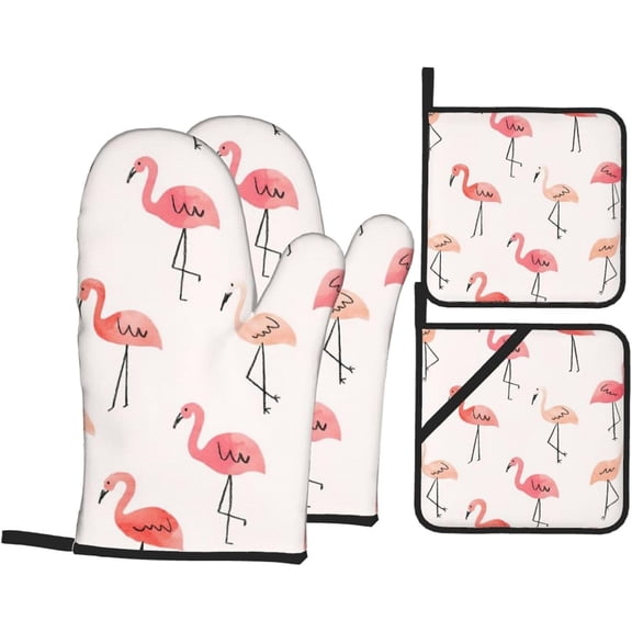 Flamingo. Oven Mitts and Pot Holders Sets for Kitchen 4 Pcs 7"X11" Heat Resistant Baking Cooking