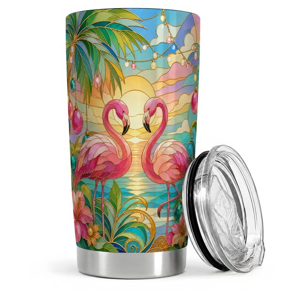 Flamingo Pair Sunset Beach 20oz Tumbler, Flamingo Couple Tumbler, Holiday Drinkware for Travel, Stained Glass Ocean Art, Tropical Palm Ornament Decor, Coastal Men Women Bird Lovers
