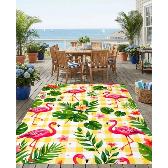 Flamingo Palm Leaf Outdoor Rug 5x7 Green Pink Tropical Rugs for Bedroom  Deck Backyard Garden Picnic Camping RV Balcony Yellow Buffalo Plaid Rug Soft  Door Mat Outside Entrance