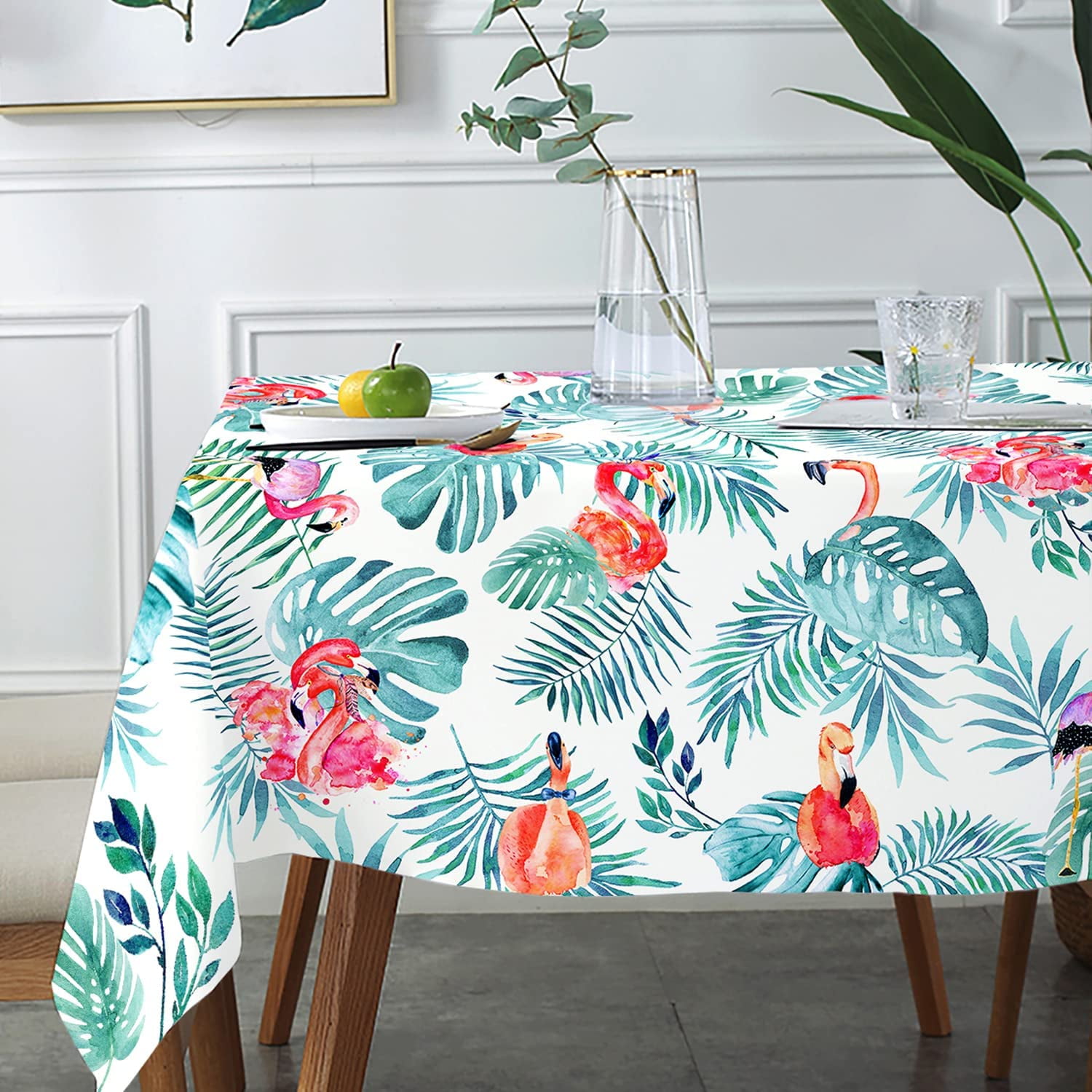 Flamingo Palm Leaf Tablecloth, Green Leaves Table Cloth for Spring Summer, Outdoor Waterproof