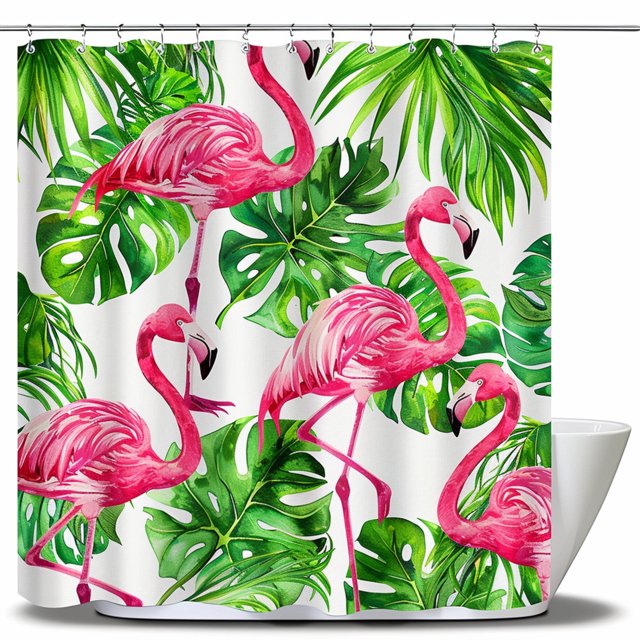 Flamingo and Palm Leaves Shower Curtain Tropical Bathroom Decor with
