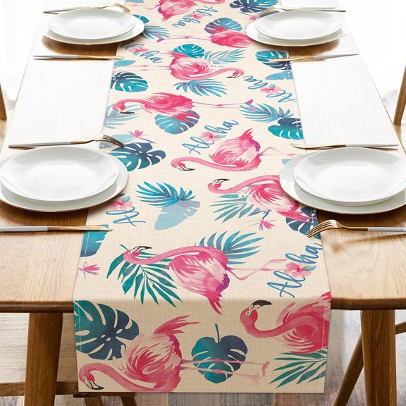 Flamingo Palm Leaves Spring Summer Table Runner, Tropical Hawaii Monstera Kitchen Dining Table Decoration, Aloha Flower Seasonal Indoor Outdoor Home Decor Party Supply 13 x 72 Inch