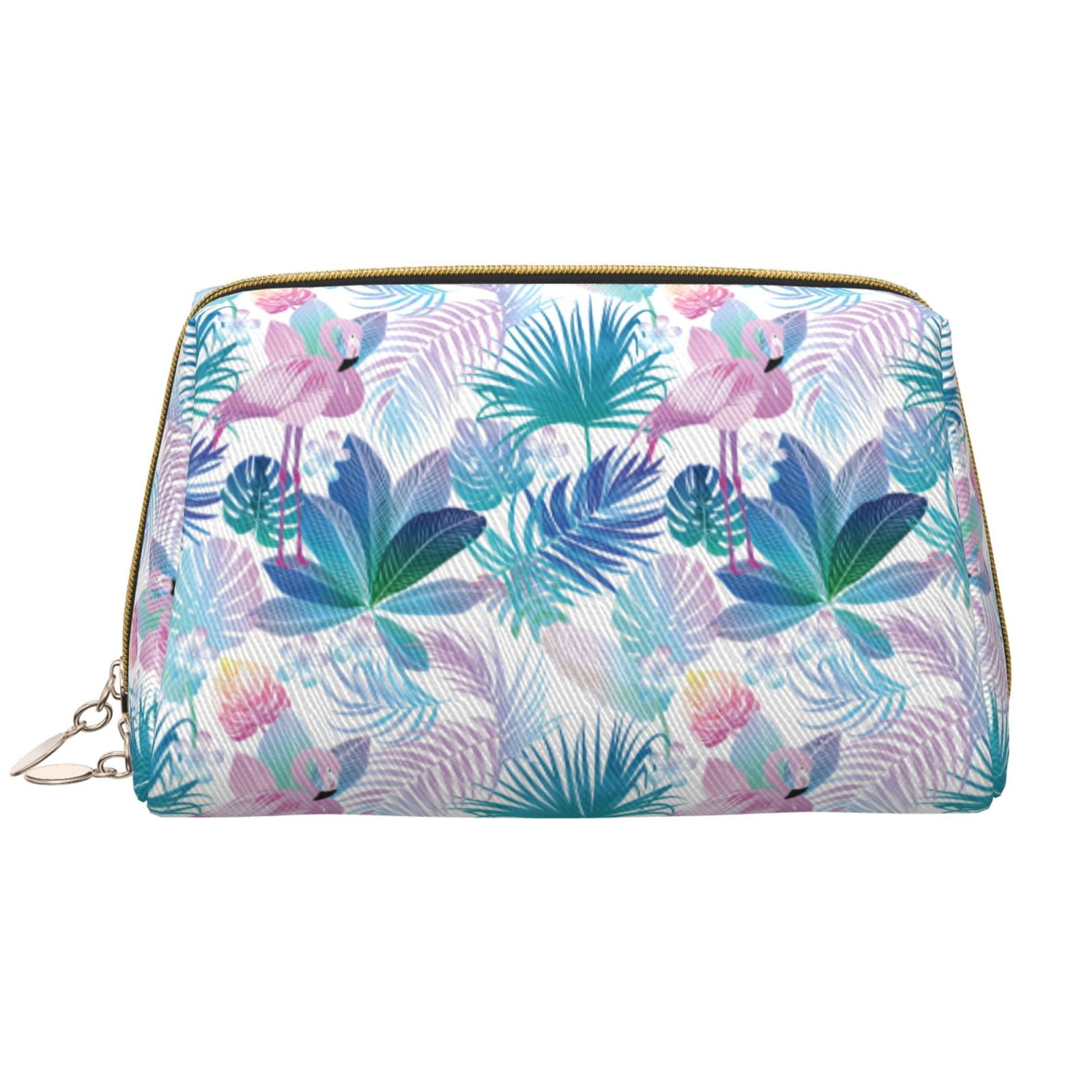 Flamingo Palm Leaves Travel Makeup Bag Makeup Pouch, Leather Travel