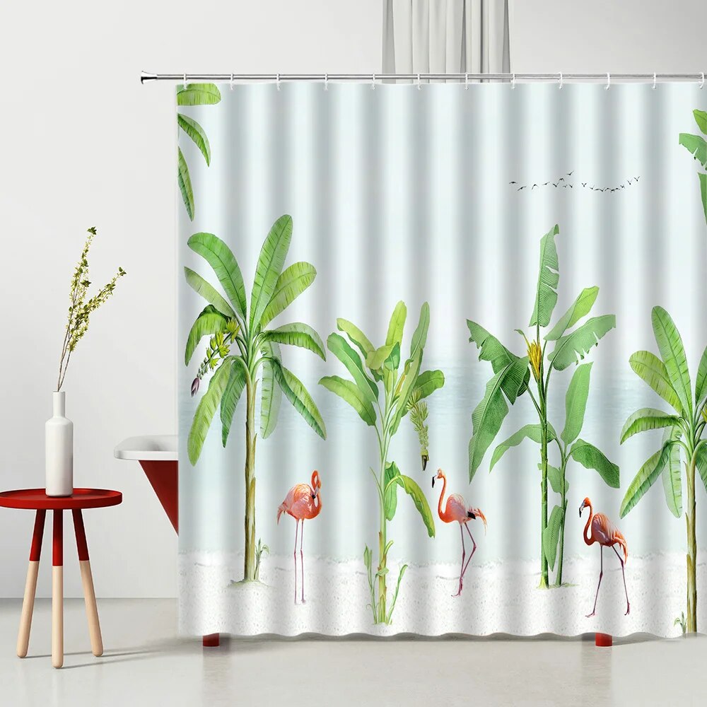 Flamingo Palm Tree Shower Curtain Animal Tropical Plant Flower