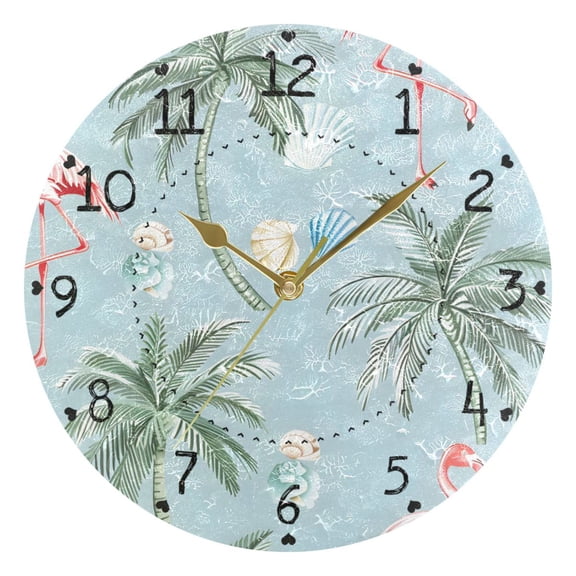 Flamingo Palm Trees Shells Round Wall Clock Silent Analog Battery Operated Gold Pointer Home Decor 9.84" Diameter