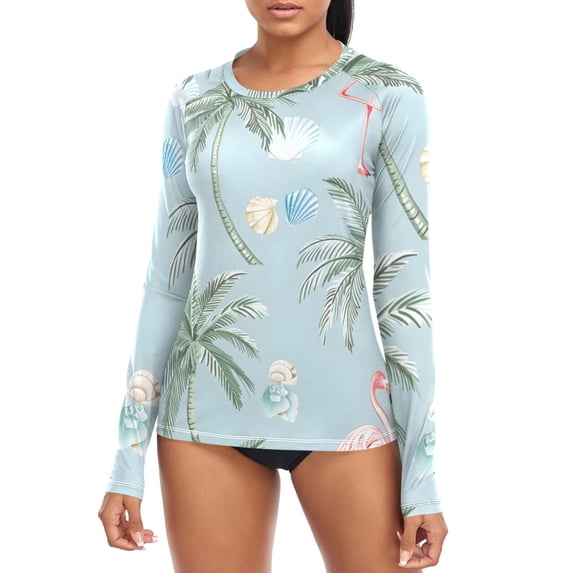 Flamingo Palm Trees Shells Women's Rash Guard Shirts UPF 50+ Sun ...