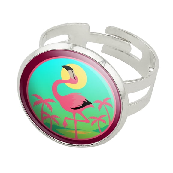 Flamingo Palm Trees Tropical Vacation Silver Plated Adjustable Novelty Ring